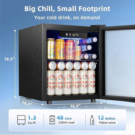 Antarctic Star 48 Can Mini Beverage Refrigerator, 1.3 Cu.Ft Compact Drink Cooler with Glass Door, Adjustable Temp 40-61°F, Quiet Freestanding Wine & Soda Cooler for Home Office Dorm, LED Lit
