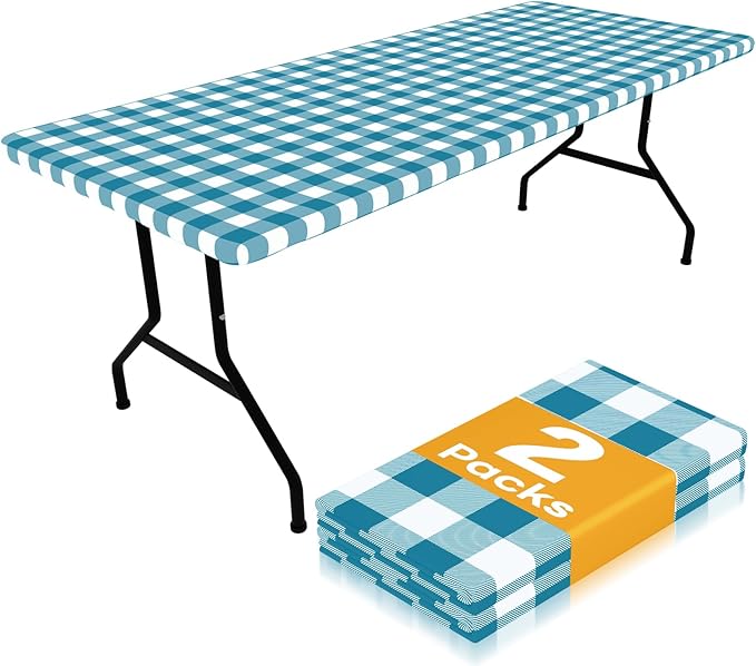 Smiry Picnic Table Cloth 2 Pack, Waterproof Elastic Fitted Tablecloths for 6FT Rectangle Tables, Washable Polyester Buffalo Plaid Tablecloth for Camping & Outdoor (Turquoise & White, 30" x 72")