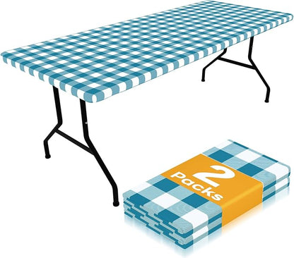 Smiry Picnic Table Cloth 2 Pack, Waterproof Elastic Fitted Tablecloths for 6FT Rectangle Tables, Washable Polyester Buffalo Plaid Tablecloth for Camping & Outdoor (Turquoise & White, 30" x 72")
