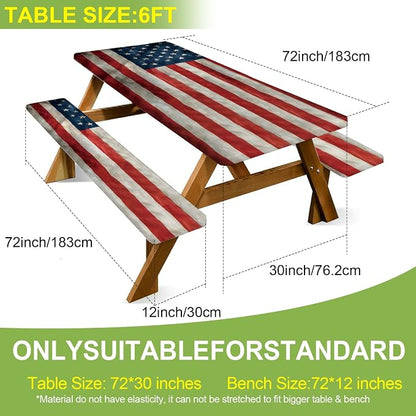 ANNA QUEEN Patriotic American Flag 6FT Picnic Table Cover with Bench Covers Set of 3 with Drawstring Bag, USA Flag 72"x30" Waterproof Picnic Tablecloth & Bench Covers for Outdoor BBQ