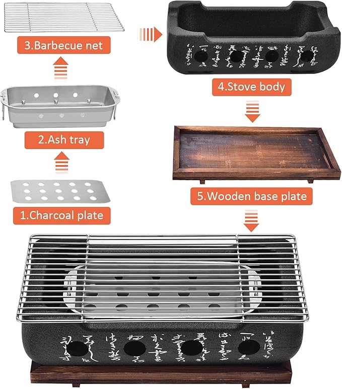 Japanese BBQ Grill Stove Charcoal Barbecue Stove Rectangle Calligraphy Quick Heating Aluminium Alloy Wire Grill Base for Camping (M)