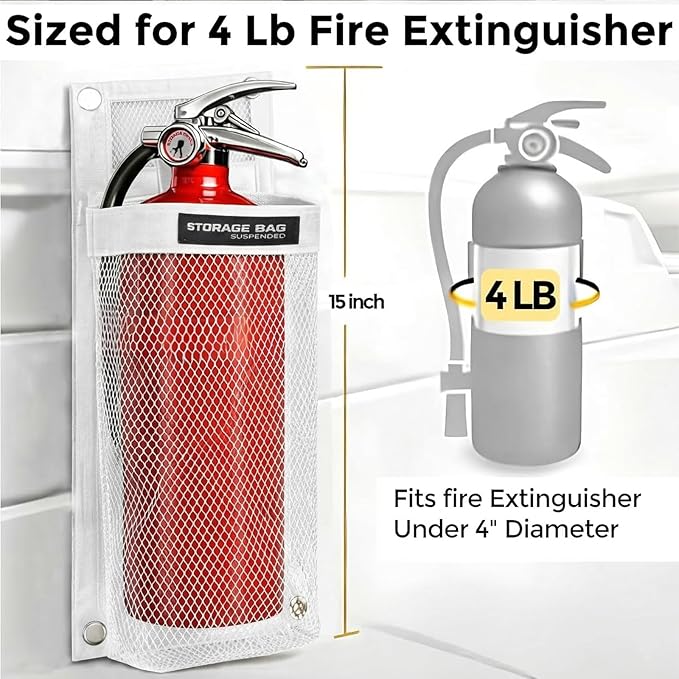 Marine Mesh Single Pocket Boat Gear Storage Bag, Black Fabric Marine Fire Extinguisher Holder, Screw Snap Mount (White, Medium)