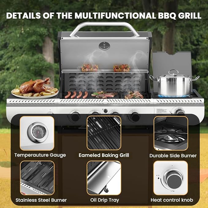 Electactic 4-Burner Gas Grill with Side Burner, Stainless Steel Propane Grill with Built-In Thermometer, 42000BTU BBQ Grill for Outdoor Cooking, Patio and Backyard Barbecues