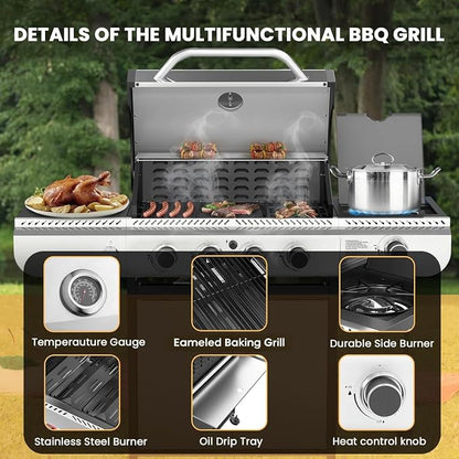 Electactic 4-Burner Gas Grill with Side Burner, Stainless Steel Propane Grill with Built-In Thermometer, 42000BTU BBQ Grill for Outdoor Cooking, Patio and Backyard Barbecues