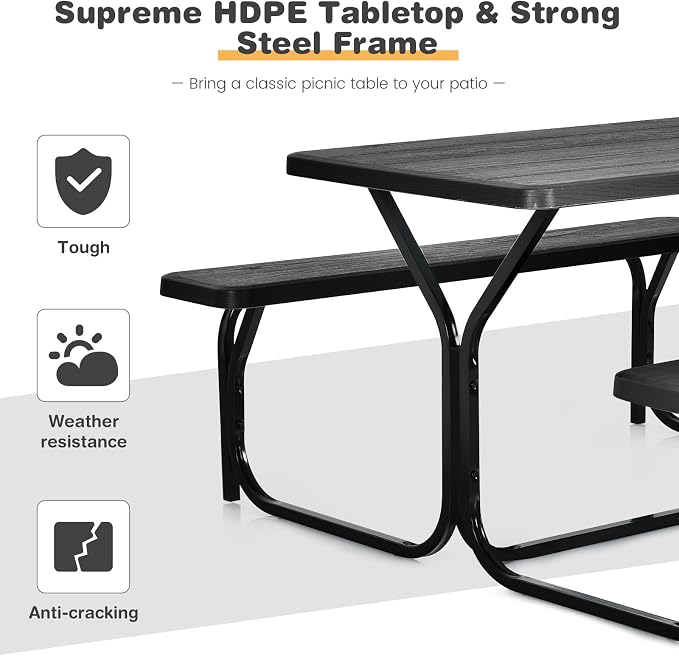 COSTWAY Outdoor Picnic Table, HDPE Plastic Picnic Table Bench Set | Weather Resistant Tabletop & Wood Texture, Ideal for Patio, Backyard (59" D x 54" W x 28.5" H,Black)