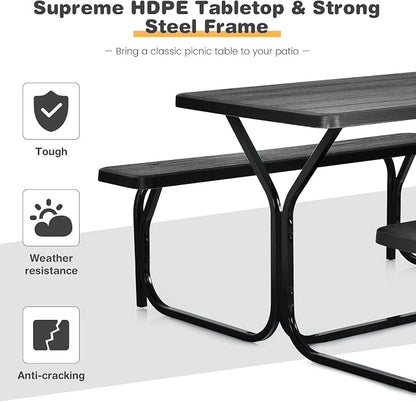 COSTWAY Outdoor Picnic Table, HDPE Plastic Picnic Table Bench Set | Weather Resistant Tabletop & Wood Texture, Ideal for Patio, Backyard (59" D x 54" W x 28.5" H,Black)