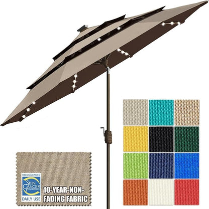 EliteShade USA 10-Year-Non-Fading 9ft 3-Tier Market Patio Umbrella, Commercial Table Umbrella with 80 Solar LED Lights, Crank Open, Windproof & UPF 50+ UV Protection for Garden, Deck, Pool, Backyard, Mushroom