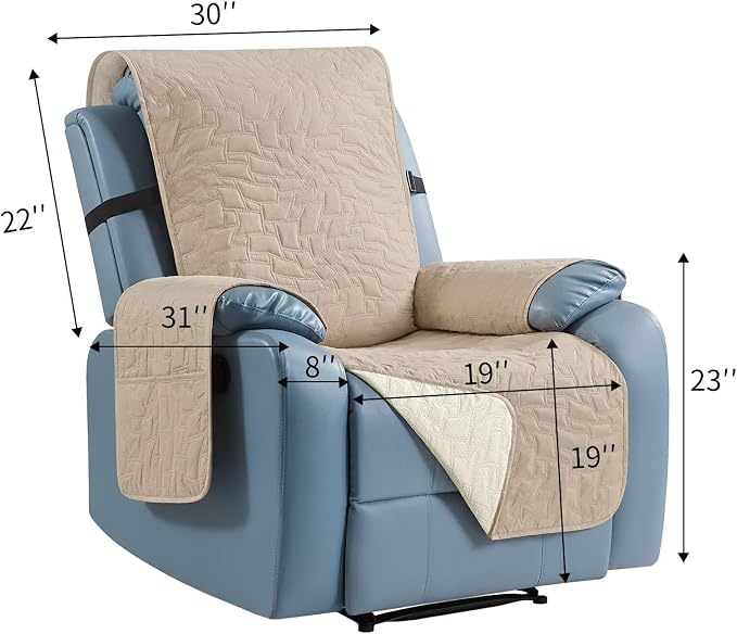 CUCRAF Non Slip Quilted Sofa Cover, Water Resistant Slipcover Furniture Protector for 1 Cushion Sofa Pet Friendly, Washable Couch Cover with Adjustable Elastic Straps (Small Recliner, Light Khaki)