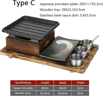 Japanese BBQ Grill Set, Portable Alcohol Barbecue Stove with Non-Stick Baking Pan, Dinner Plate, Seasoning Cups, and Wooden Base for Yakiniku, Yakitori,C