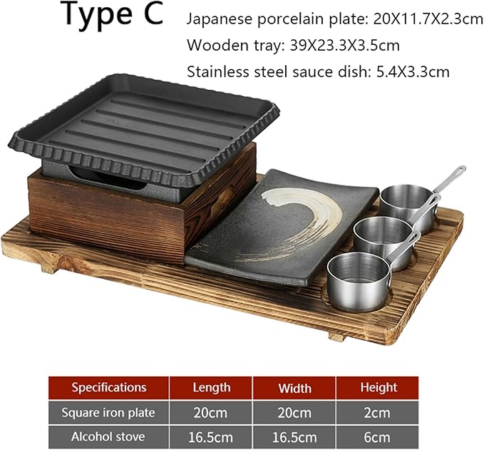Japanese BBQ Grill Set, Portable Charcoal Stove with Wooden Base for Yakiniku, Robata, Yakitori, Takoyaki, Camping,C
