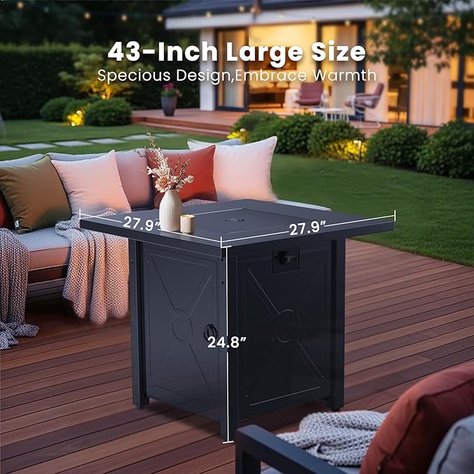 R.W.FLAME 28'' Propane Fire Pit Table, 40,000 BTU, Portable, with Lava Racks, Lid, Rain Cover, Smokeless for Outside Paito/Garden/Backyard