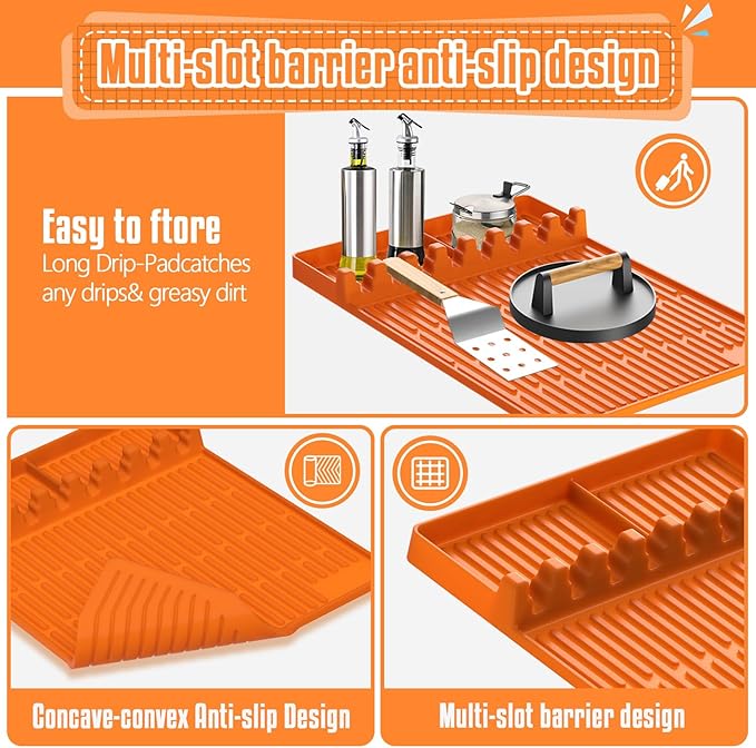 Silicone Griddle Mat for Blackstone Griddle Accessories, Large Heat Resistant Spatula Mat with Drip Pad, BBQ Grill Tools Holder for Outdoor Grill, Side Shelf, and Kitchen Countertop (1PC, Orange)