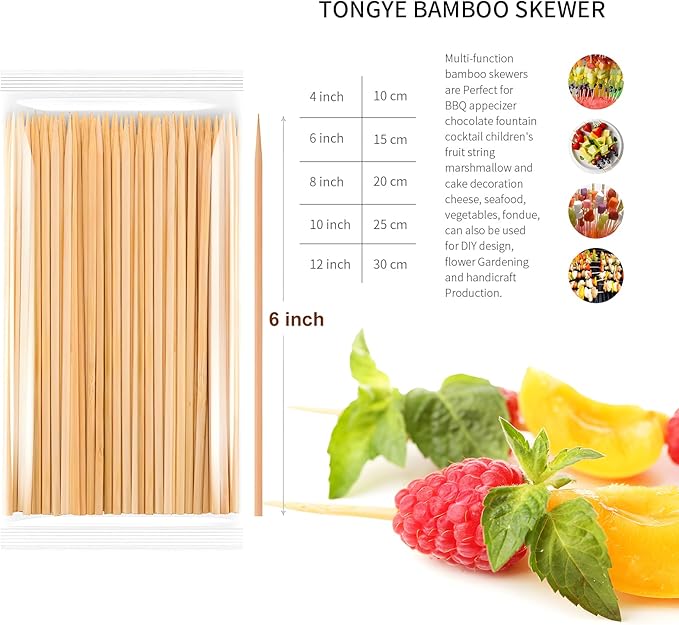 [100 PCS] 6 inch Bamboo Skewers, Premium Wooden Skewers without Splinters, Skewers for Grilling, BBQ, Appetizer, Fruit Kabobs, Chocolate Fountain, Cocktail Toothpicks, and Food Skewer Sticks.