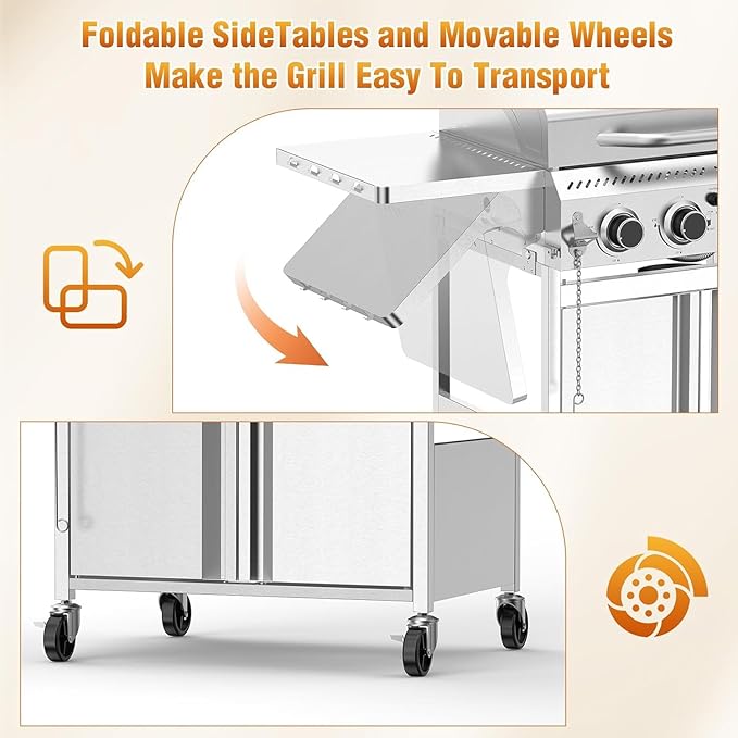 R.W.FLAME 4-Burner Gas Grill, Propane Grill with Folding Side Tables, Heavy-Duty Thickened Stainless Steel Grill, 32,000 BTU BBQ Grill for Outdoor Cooking, Barbecue, Garden and Patio Backyard