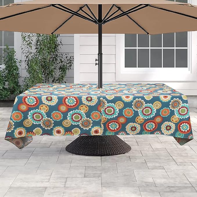 60"x84" Rectangle Tablecloth with Umbrella Hole and Zipper, Washable Waterproof Wrinkle Free Zippered Patio Table Cloths Table Covers for Party, Backyard, Picnic, BBQS (Heronsbill Turquoise Green)