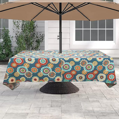 60"x84" Rectangle Tablecloth with Umbrella Hole and Zipper, Washable Waterproof Wrinkle Free Zippered Patio Table Cloths Table Covers for Party, Backyard, Picnic, BBQS (Heronsbill Turquoise Green)