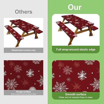 Christmas Picnic Table Cover with Bench Covers Set, Elastic Fitted Tablecloth for Outdoor Picnic Tables, Red Snowflake Pattern, Durable Vinyl Table Cover for Camping, BBQs, and Parties