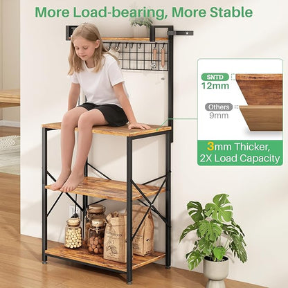SNTD Bakers Rack with Power Outlet, Microwave Stand, Rustic Brown, 23.5" W | Coffee Stand, 4 Tiers Kitchen Storage Shelves, Wire Grid Panel, 10 Hooks, Metal Frame, Triple X-Shaped Reinforcement
