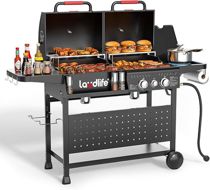 LAUDLIFE Gas and Charcoal Grill Combo with Side Burner, 3 Burners Propane BBQ Grill, 748 SQ.IN Cooking Space, Non-Stick Enamel Coating Grates, Heavy-Duty Stand for Backyard & Outdoor Barbecue