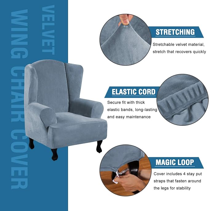 H.VERSAILTEX Wingback Chair Covers Velvet Plush Wing Chair Slipcover 1 Piece High Stretch Wing Back Chair Slipcovers Sofa Cover Furniture Cover with Elastic Bottom, Stone Blue