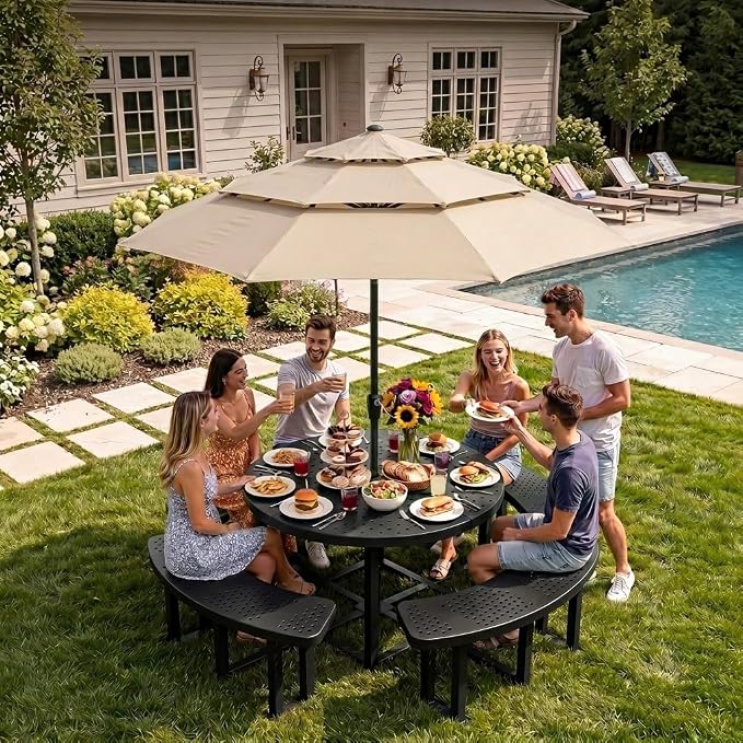 YITAHOME 38 in Metal Picnic Table, Powder Coated Outdoor Picnic Table with Heavy-Duty Steel Frame, Adjustable Seats & Umbrella Hole for Yard, Patio, Lawn, Party, Black, Round