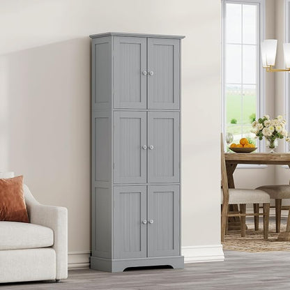 ChooChoo 63.2" Tall Bathroom Storage Cabinet with 6 Doors | Freestanding Floor Cabinet, Adjustable Shelves, Pantry Cabinet for Bathroom, Kitchen, Laundry Room, Grey
