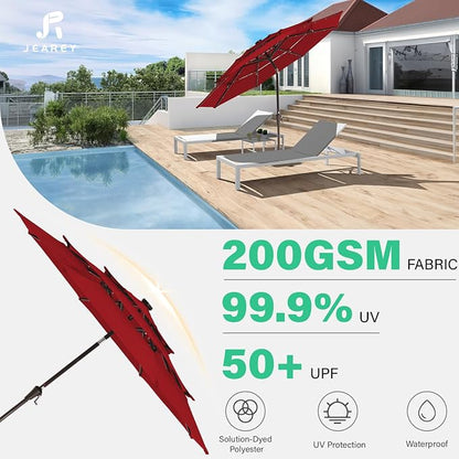 JEAREY 9 ft 3-Tier Outdoor LED Lighted Patio Umbrella w/Crank, Red | Solar Market Table Umbrella with 8 Sturdy Ribs, UV Protection Waterproof Sunproof for Garden, Deck and Backyard