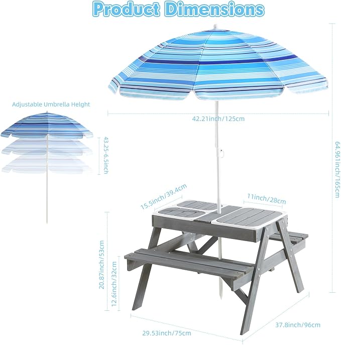 3-in-1 Kids Picnic Table, Play Sand and Water Sensory Table with Height Adjustable Umbrella & Removable Tabletop, Kids Wooden Outdoor Table, with 3 Storage Bins, Upgraded