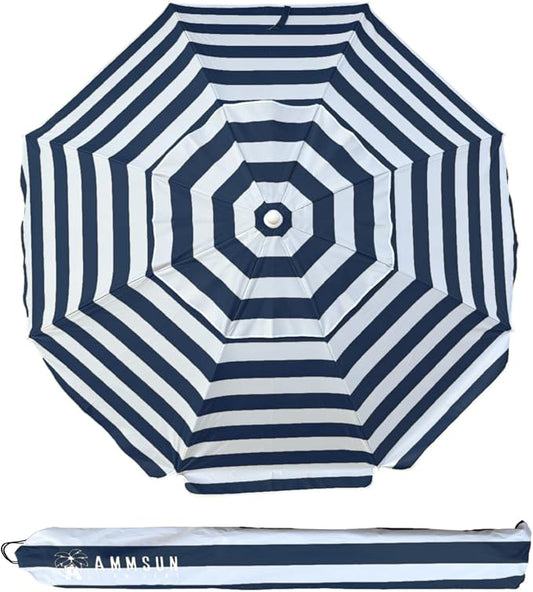 AMMSUN 6.5ft Portable Patio Beach Umbrella for Sand with Tilt, Air Vent | UPF50+ Sun Protection, Windproof Outdoor Umbrellas with Carry Bag, for Patio Beach Garden Pool Backyard, Navy Stripes