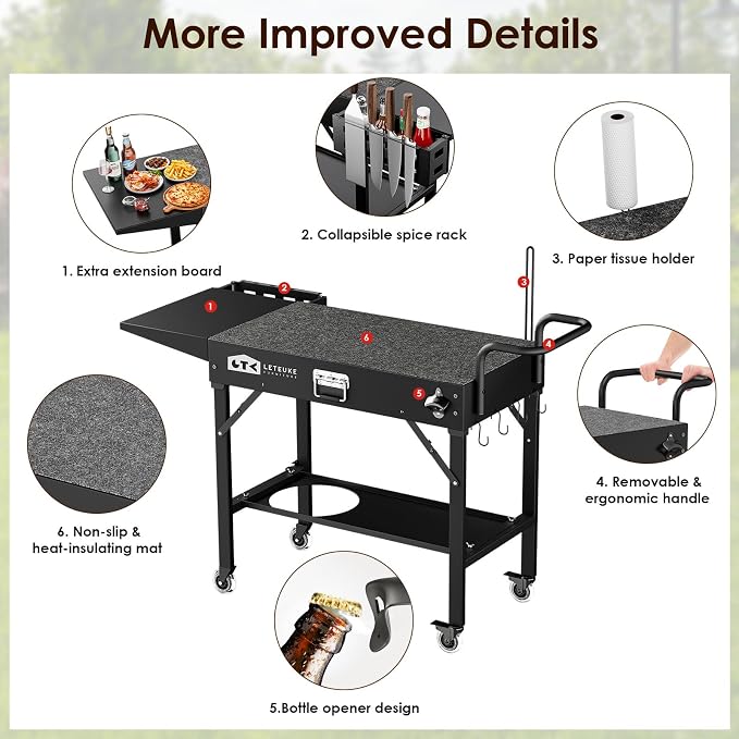 Grill Cart for Blackstone Griddle, Portable Outdoor Grill Table | Foldable Cart Table with Wheels for Ninja, Griddle Stand Fit 17 Inch Or 22 Inch, BBQ Prep Tables with Seasoning Tray
