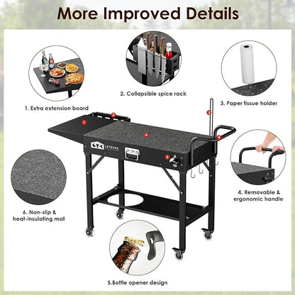 Grill Cart for Blackstone Griddle, Portable Outdoor Grill Table | Foldable Cart Table with Wheels for Ninja, Griddle Stand Fit 17 Inch Or 22 Inch, BBQ Prep Tables with Seasoning Tray