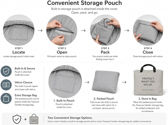Treasure Garden Loveseat Cover, 300D Polyester Outdoor Deep Seating Sofa Cover, Water Resistant, UPF50+ UV Protection, Elastic Hem, Spring Cinch Lock, Built-In Pouch & Storage Bag, Gray