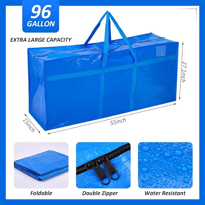 6 Pcs 96 Gallon Extra Large Moving Bags Heavy Duty Storage Bag with Strong Zipper Handle Foldable XXL Jumbo Storage Tote Packing Moving Box for College Dorm Travel Cloth Duffle (Blue)