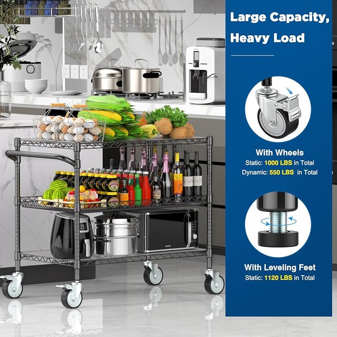 Leteuke Heavy Duty Rolling Utility Cart, 45 Inch Kitchen Carts with Wheels, NSF Commercial Grade with Handle & Shelf Liners, 1120LBS Storage Cart for Kitchen,Restaurant,Plant Display-Black | 3 Tier Heavy Duty Serving Cart with Handle & Shelf Liners, NS...