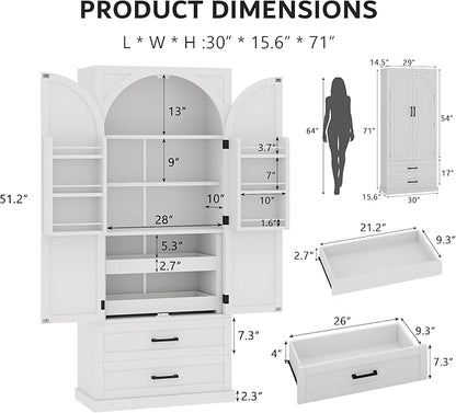 iPormis 71" Tall Kitchen Pantry Storage Cabinet w/Adjustable Shelf, Door Shelves & Large Drawers, Freestanding Kitchen Cupboard for Dining Room/Living Room, White