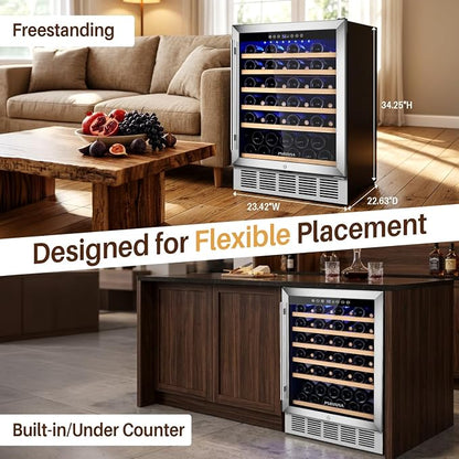24 Inch Wine Fridge 51 Bottles Wine Cooler with Glass Door, Wine Refrigerator Temperature Control, Built-in Freestanding or Under Counter Wine Cellar for Home Bar, Bedroom