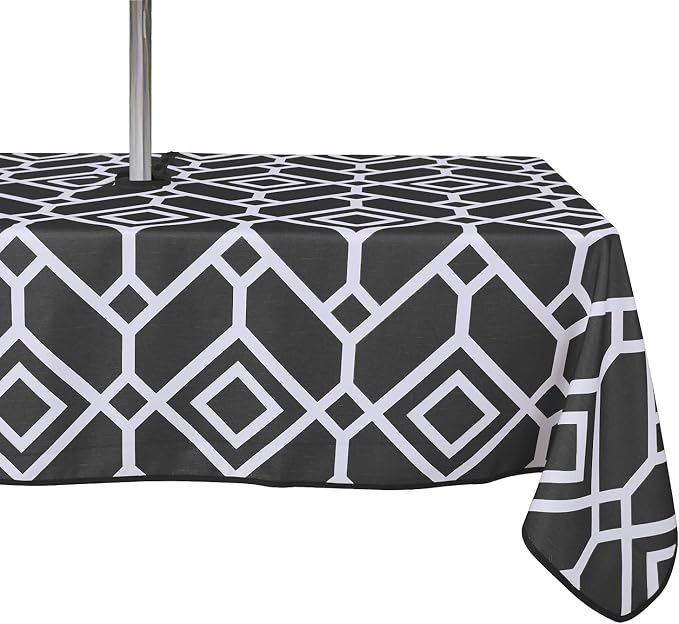 LUSHVIDA Moroccan Outdoor Tablecloth with Umbrella Hole and Zipper, 60 x 120 Inch Black, Rectangle Waterproof Wrinkle Free Table Cloth Decorative Fabric Washable Table Cover for Patio, Party, Picnic