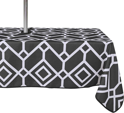 LUSHVIDA Moroccan Outdoor Tablecloth with Umbrella Hole and Zipper, 60 x 120 Inch Black, Rectangle Waterproof Wrinkle Free Table Cloth Decorative Fabric Washable Table Cover for Patio, Party, Picnic