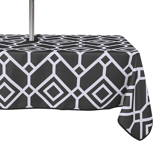 LUSHVIDA Moroccan Outdoor Tablecloth with Umbrella Hole and Zipper, 60 x 120 Inch Black, Rectangle Waterproof Wrinkle Free Table Cloth Decorative Fabric Washable Table Cover for Patio, Party, Picnic
