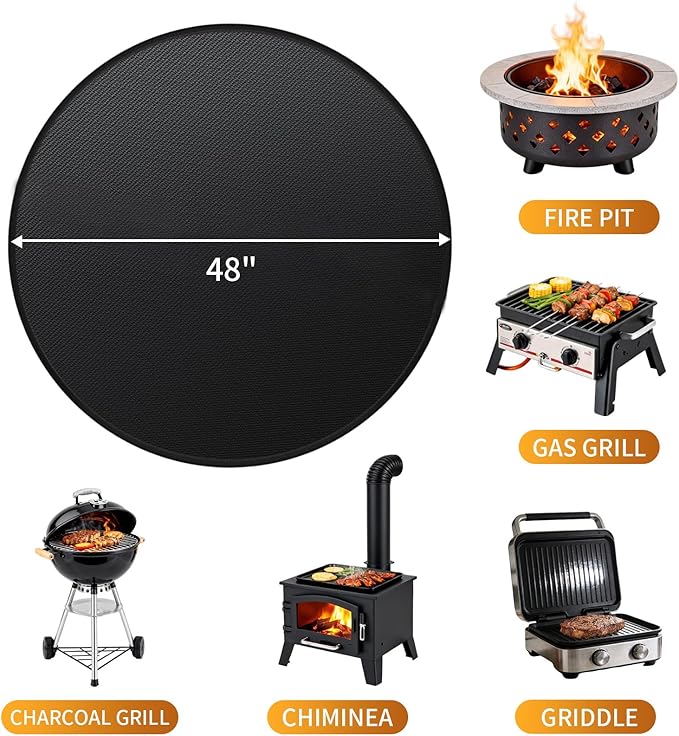 48'' Fire Pit Mat, Double-Sided Fireproof Under Grill Deck Protector Mat, Round BBQ Fireplace Pad for Patio, Indoor Outdoor Use, Waterproof/Oil-Proof/Reusable, Black