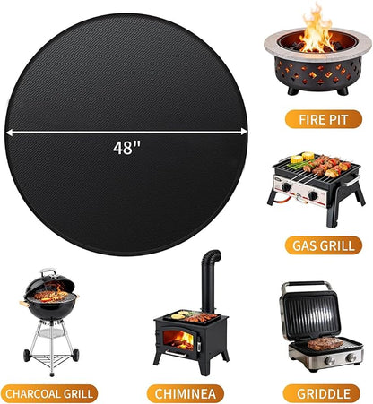 48'' Fire Pit Mat, Double-Sided Fireproof Under Grill Deck Protector Mat, Round BBQ Fireplace Pad for Patio, Indoor Outdoor Use, Waterproof/Oil-Proof/Reusable, Black