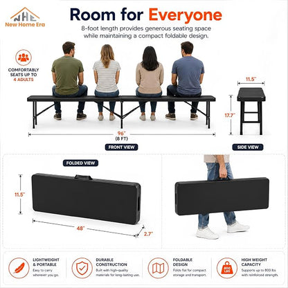 Plastic Folding Bench - Portable Bench Used for Indoor, Outdoor, Picnic, Party, Camping, Dining Seat, Garden Soccer Multipurpose Entertaining Activities (1, Black, 8 Feet)