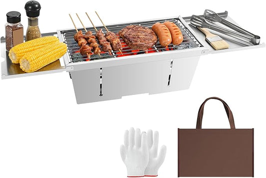 Portable Grill, Uten Stainless Steel Foldable Charcoal Grills with Condiment Plates, Carry Bag, Lightweight, Tabletop Small Barbecue for Camping, Tailgating, Beach BBQ, Travel (15.3" x 8.7")