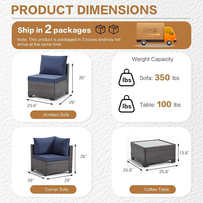 MOCHITO 5 Pieces Outdoor Patio Furniture Sets, All-Weather Sectional Sofa Dark Brown PE Rattan Wicker Conversation Set with Glass Table and Washable Blue Cushions for Backyard,Sunroom,Garden,Porch