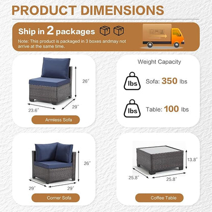MOCHITO 5 Pieces Outdoor Patio Furniture Sets, All-Weather Sectional Sofa Dark Brown PE Rattan Wicker Conversation Set with Glass Table and Washable Blue Cushions for Backyard,Sunroom,Garden,Porch