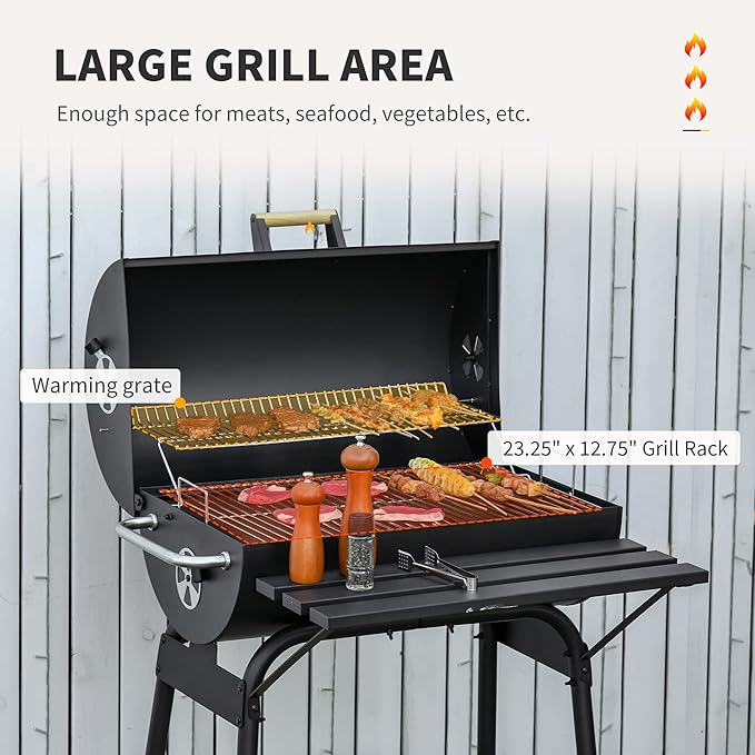 Portable Charcoal Grill with Side Shelf and Bottom Shelf, BBQ Smoker with Wheels and Adjustable Vents on Lid for Picnic Camping Backyard Cooking, Black