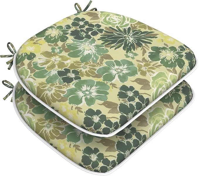 DYTXIII Set of 2 Outdoor Chair Cushions with Ties, Water Repellent Patio Chair Pads 17"x 16" for Outdoor Furniture, Round Corner Seat Cushions for Garden Yard Kitchen Green Rose