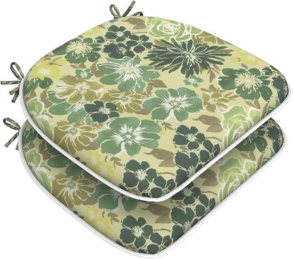 DYTXIII Set of 2 Outdoor Chair Cushions with Ties, Water Repellent Patio Chair Pads 17"x 16" for Outdoor Furniture, Round Corner Seat Cushions for Garden Yard Kitchen Green Rose