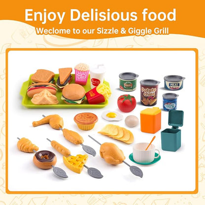 120Pcs Mini Play Kitchen Accessories, Kids Pretend Cooking Playset with Desserts, Cuttable Veggies & BBQ & Storage Basket, Educational Role-Play Gift for Toddlers, Child, Green