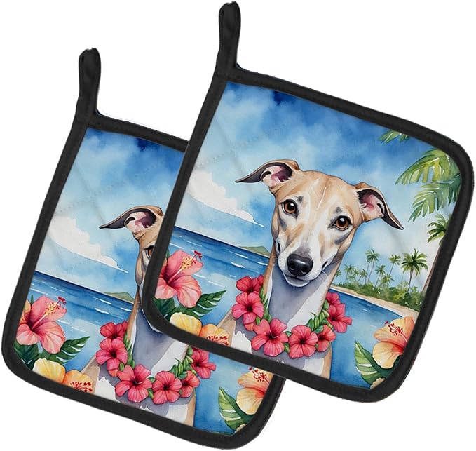 Caroline's Treasures Whippet Luau Pair of Pot Holders Kitchen Heat Resistant Pot Holders Sets Oven Hot Pads for Cooking Baking BBQ, 7 1/2 x 7 1/2